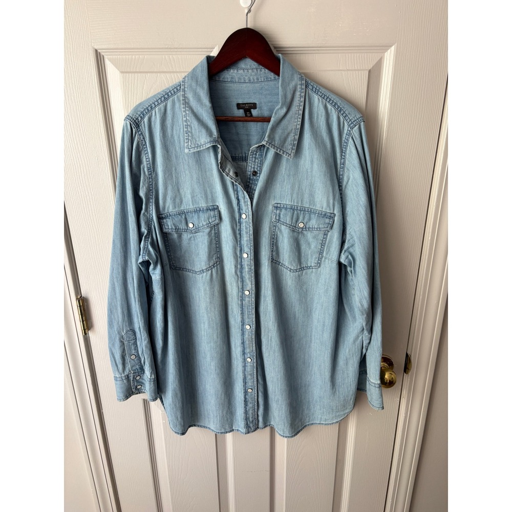 Talbots Denim Shirt Women 2X Light Blue Cotton Button Down Snap Pocket Classic